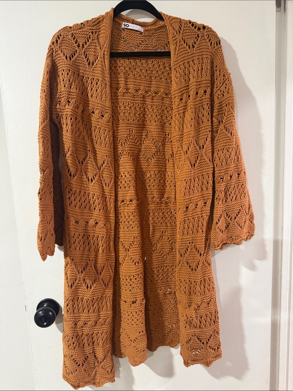SO Open-Knit Long Cardigan Sweater - Rust Orange